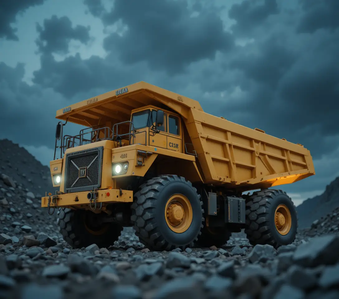 Low poly yellow dump truck loaded with polygonal rocks
