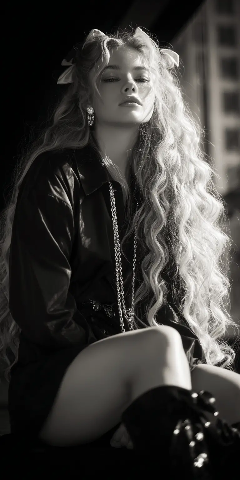Stylish woman with long curled hair in city fashion