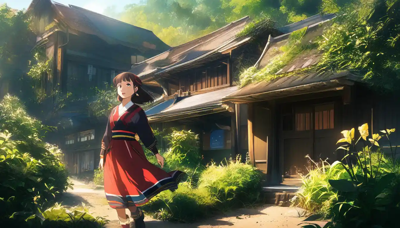 Young girl sweeping an old village courtyard at sunrise
