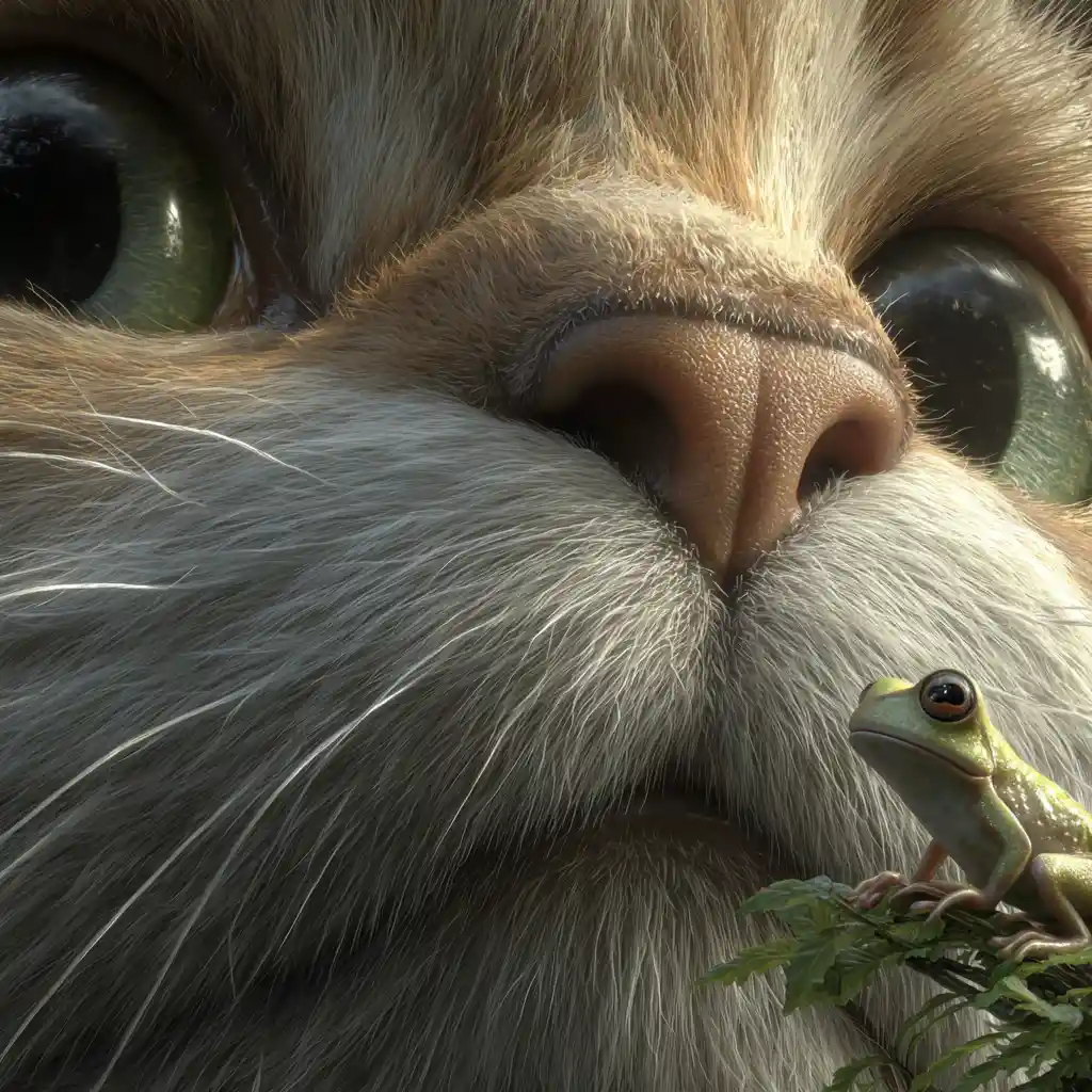 Majestic cat towering over tiny frog in close up