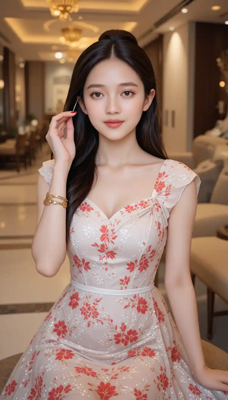 Elegant girl in floral dress posing in hotel lobby