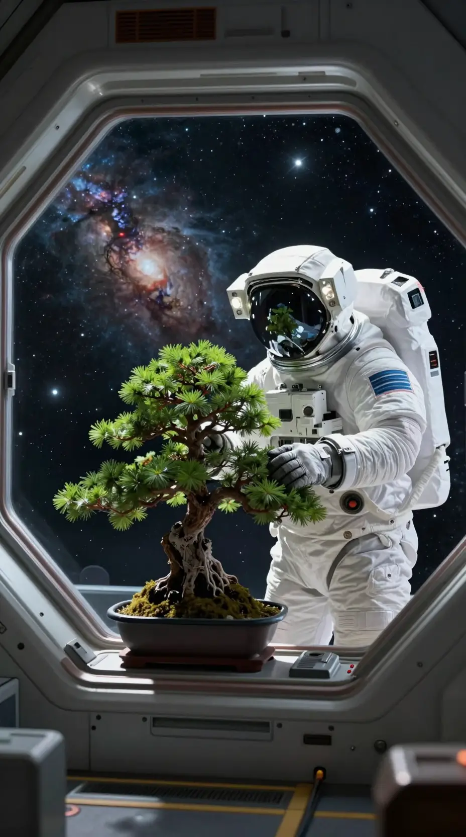 Astronaut caring for bonsai tree inside futuristic spacecraft