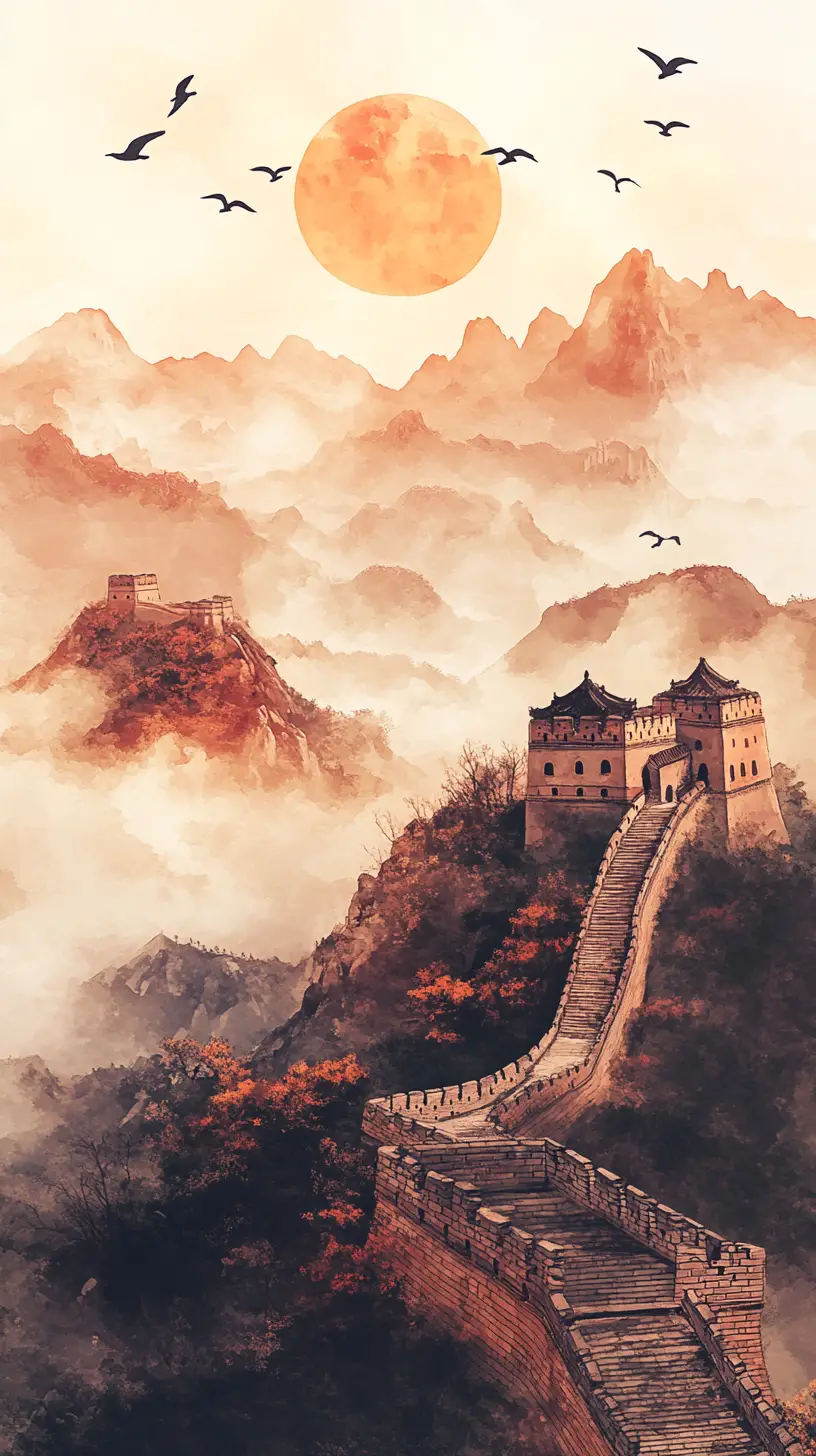 Great Wall Of China Across Mountains At Sunset