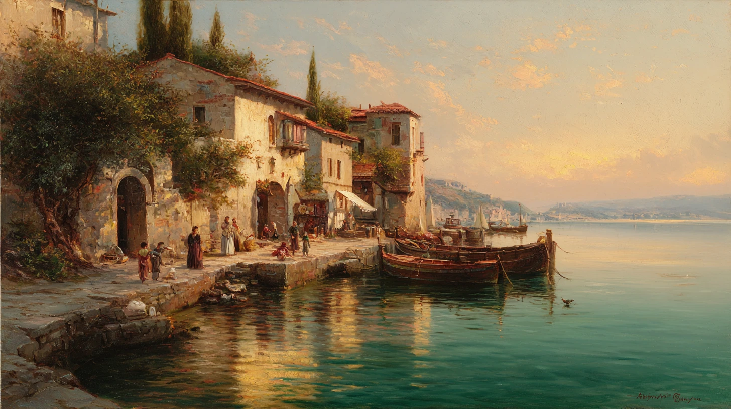 Golden sunset over an ancient Mediterranean fishing village