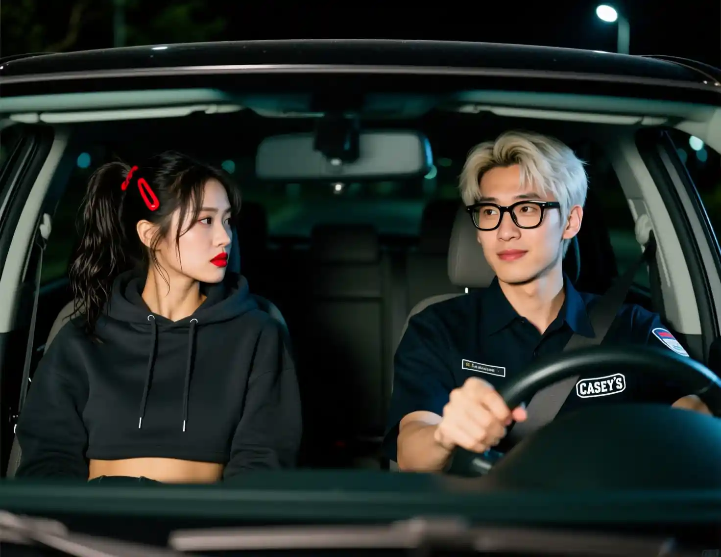 Awkward couple in a car at night facing different directions