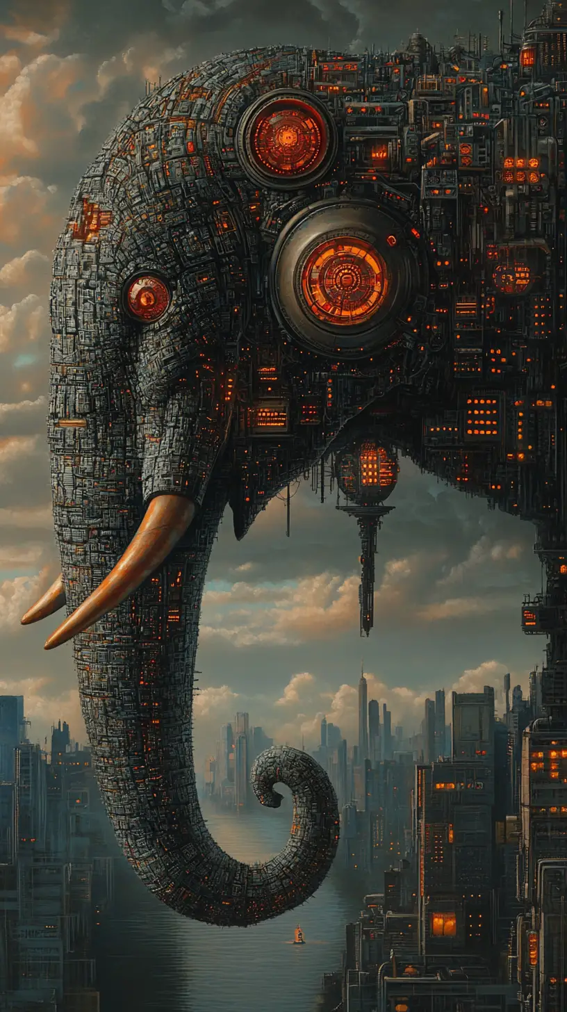 Dystopian Cybernetic Elephant Rising From A Blurred Horizon