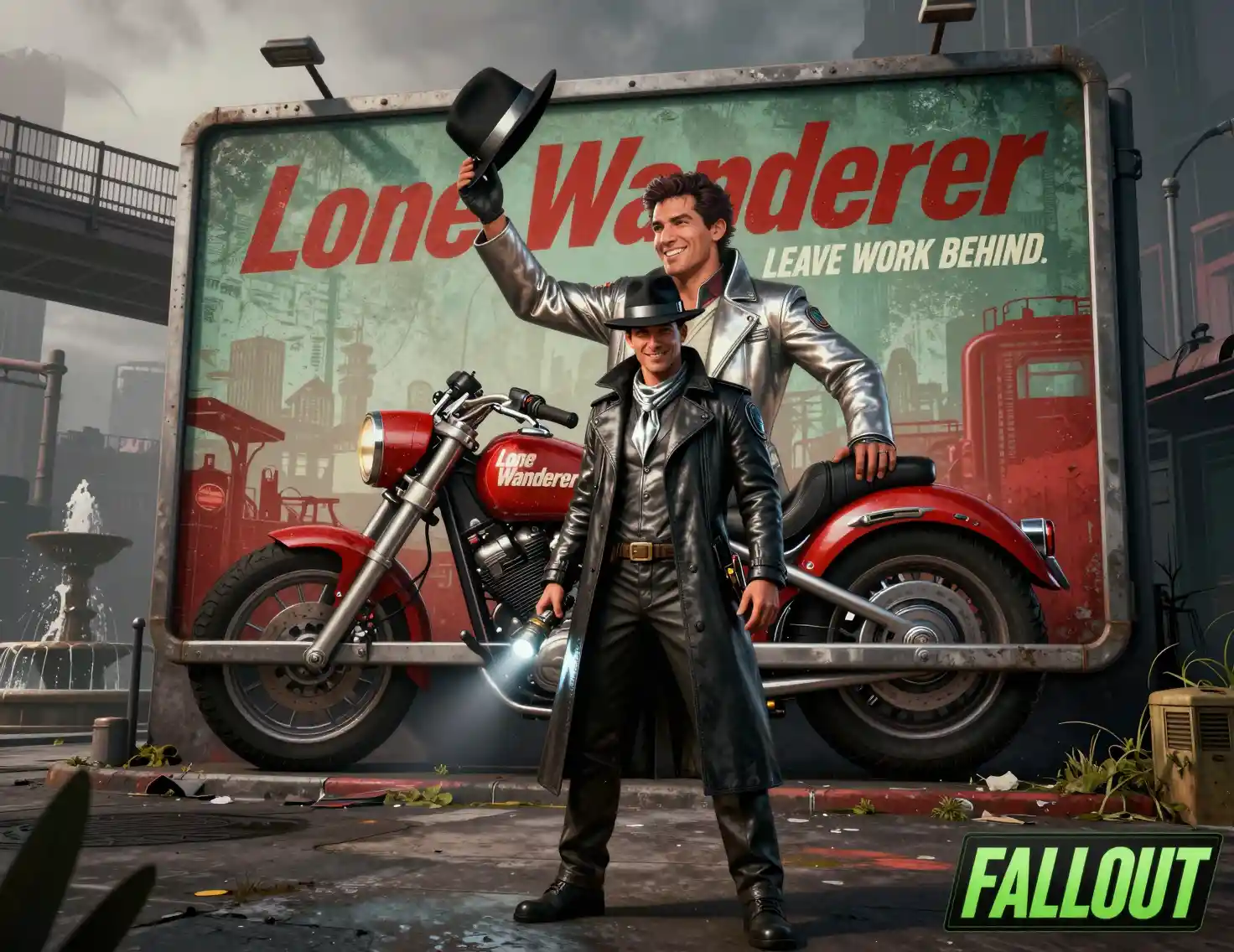 Sci fi detective smiling under a billboard in ruins