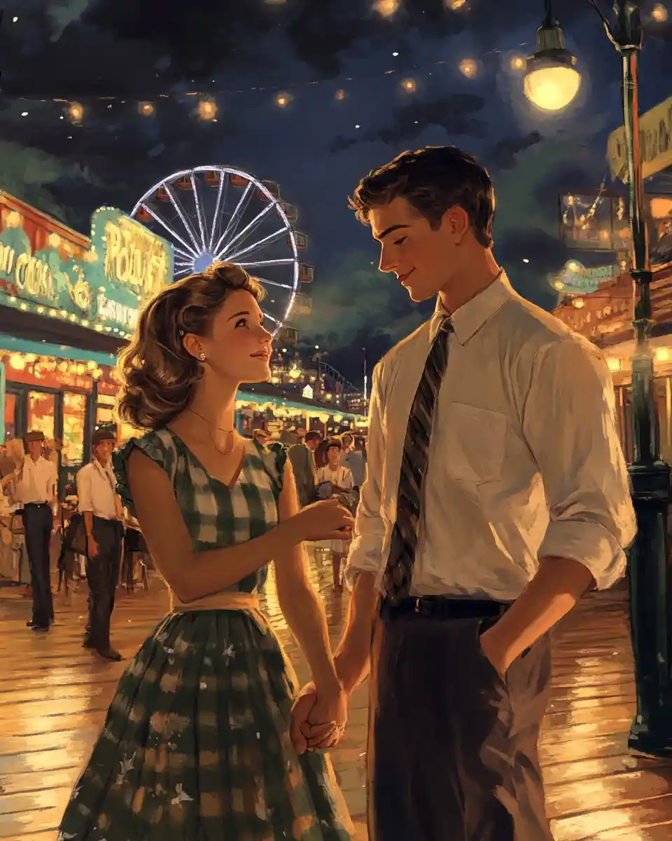 Young couple in love on a quiet 1950s boardwalk