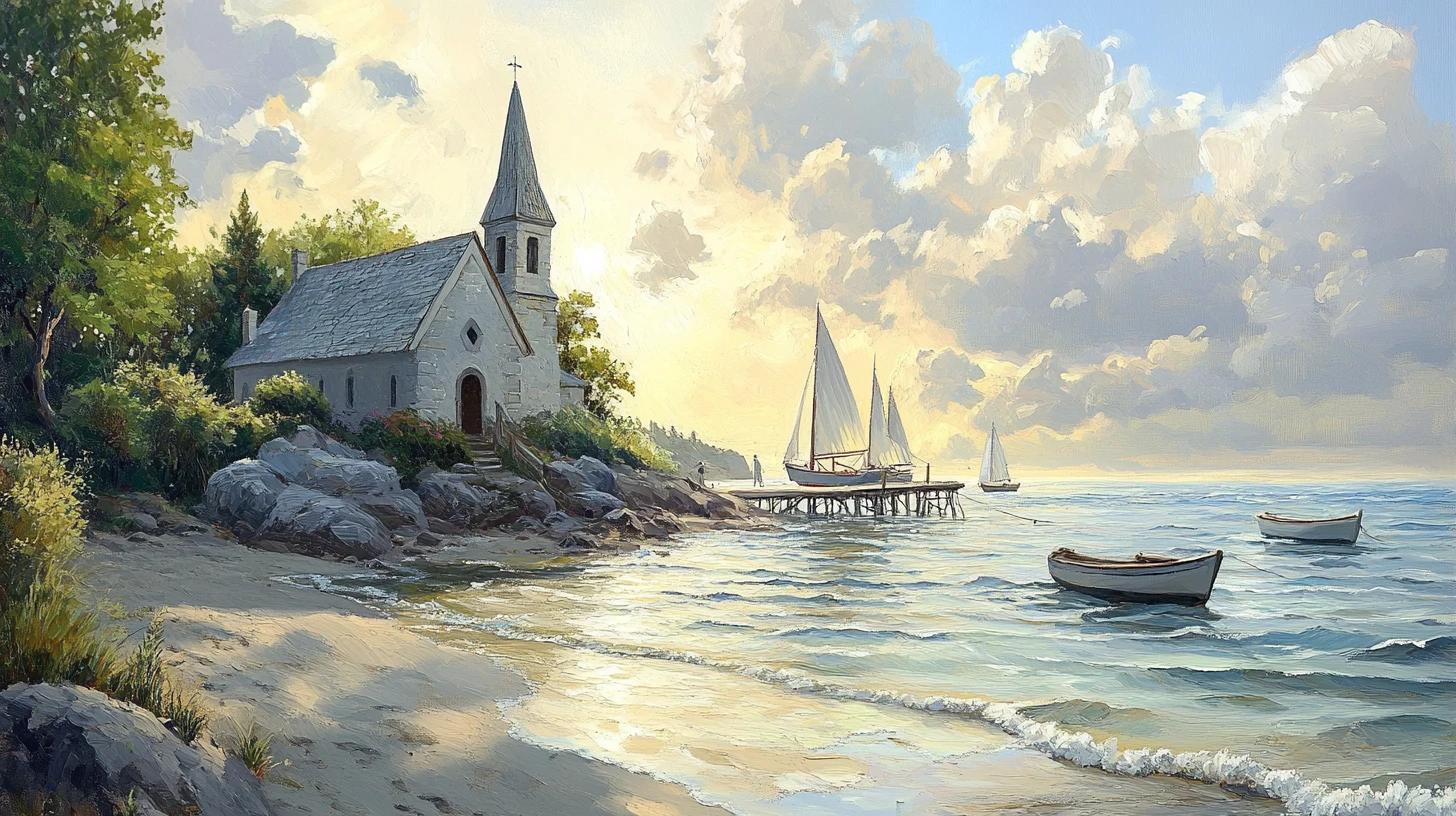 Ancient seaside church with boats and calm reflective water