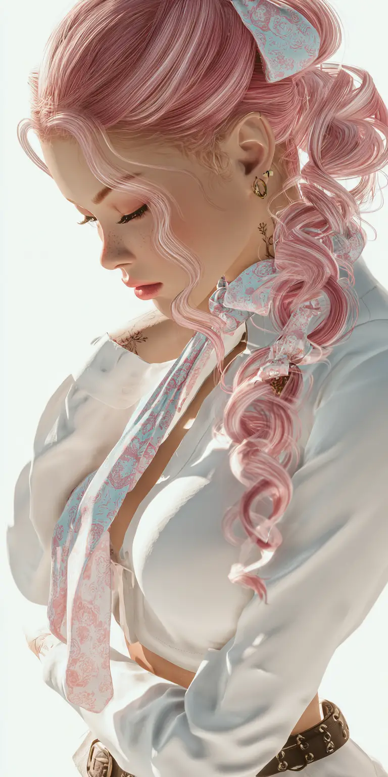 Stylish woman with decorated curls and modern city fashion