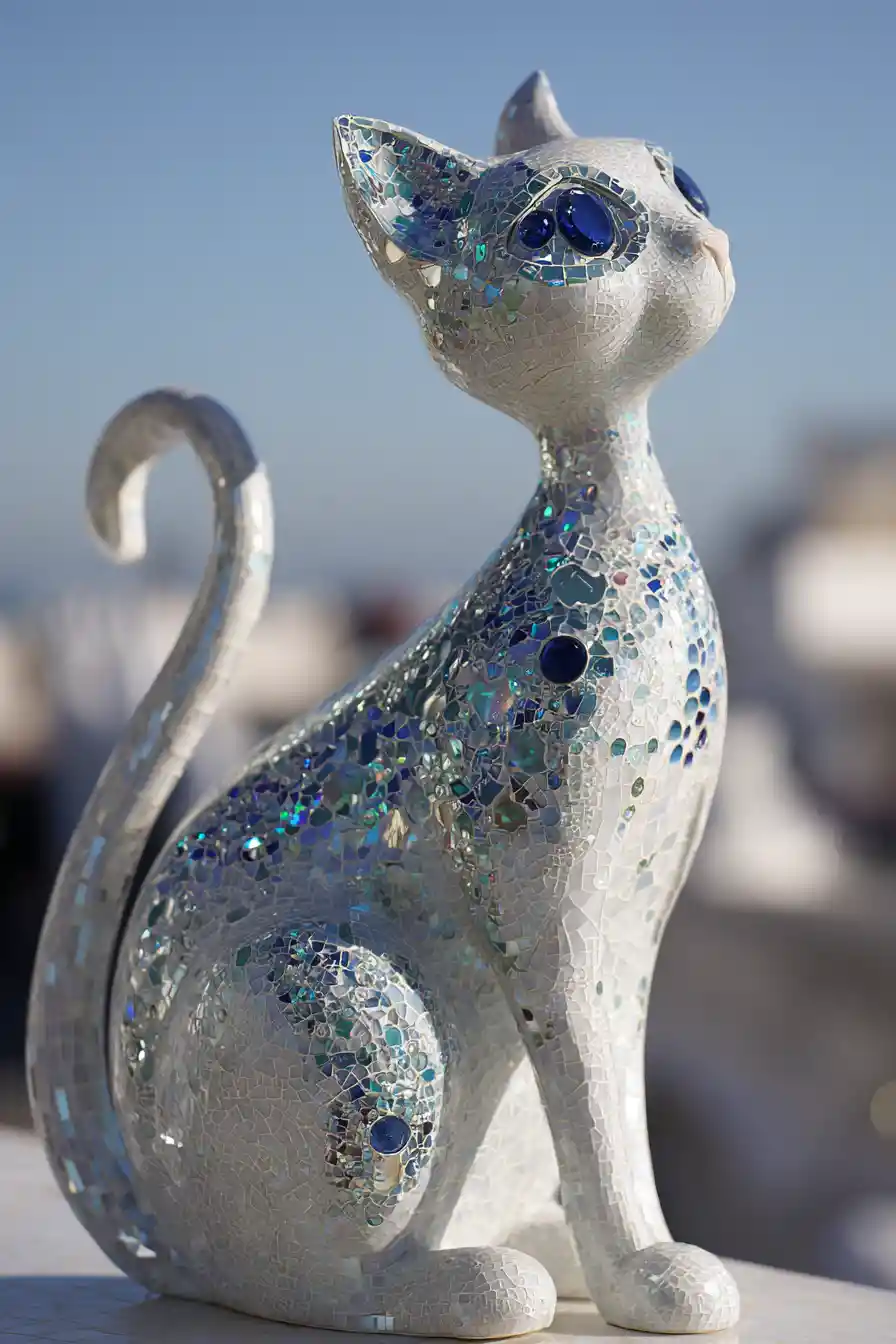 Stylized Icy Blue Cat Sculpture In Winter Scene