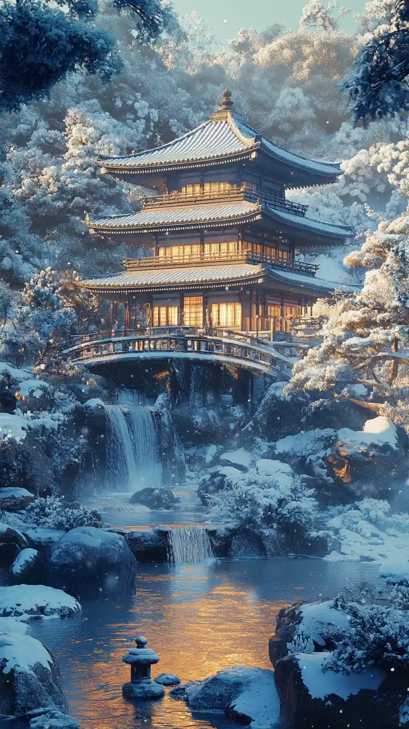Ancient Japanese Pagoda Prison In Snow With Olive Light