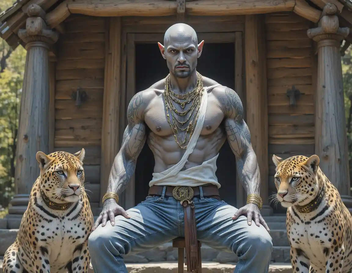 Menacing humanoid pig hybrid with leopards outside wooden house