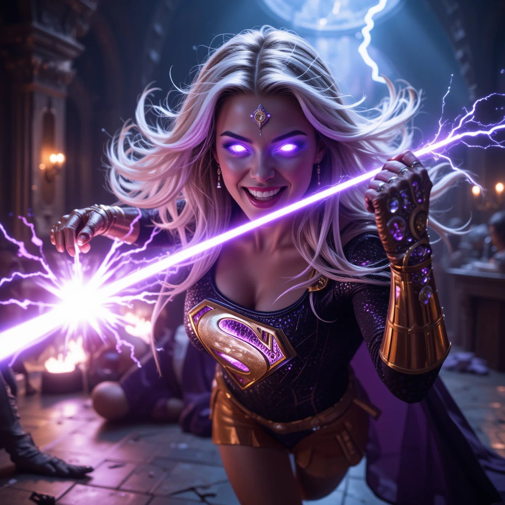 Dark superpowered woman wielding cosmic gauntlet