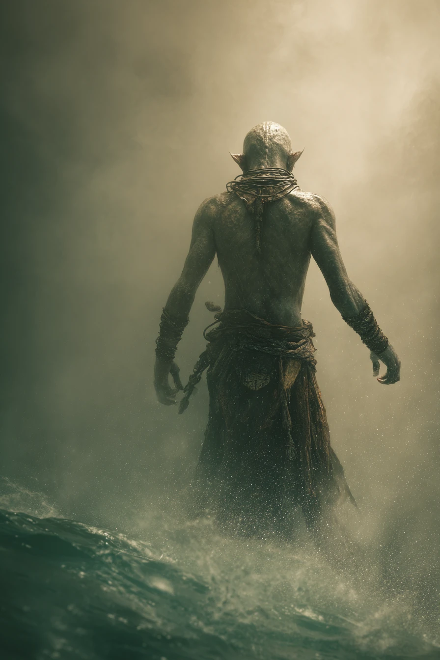 Triton-Krieger schleicht an einer schattigen Fantasy-Küste entlang