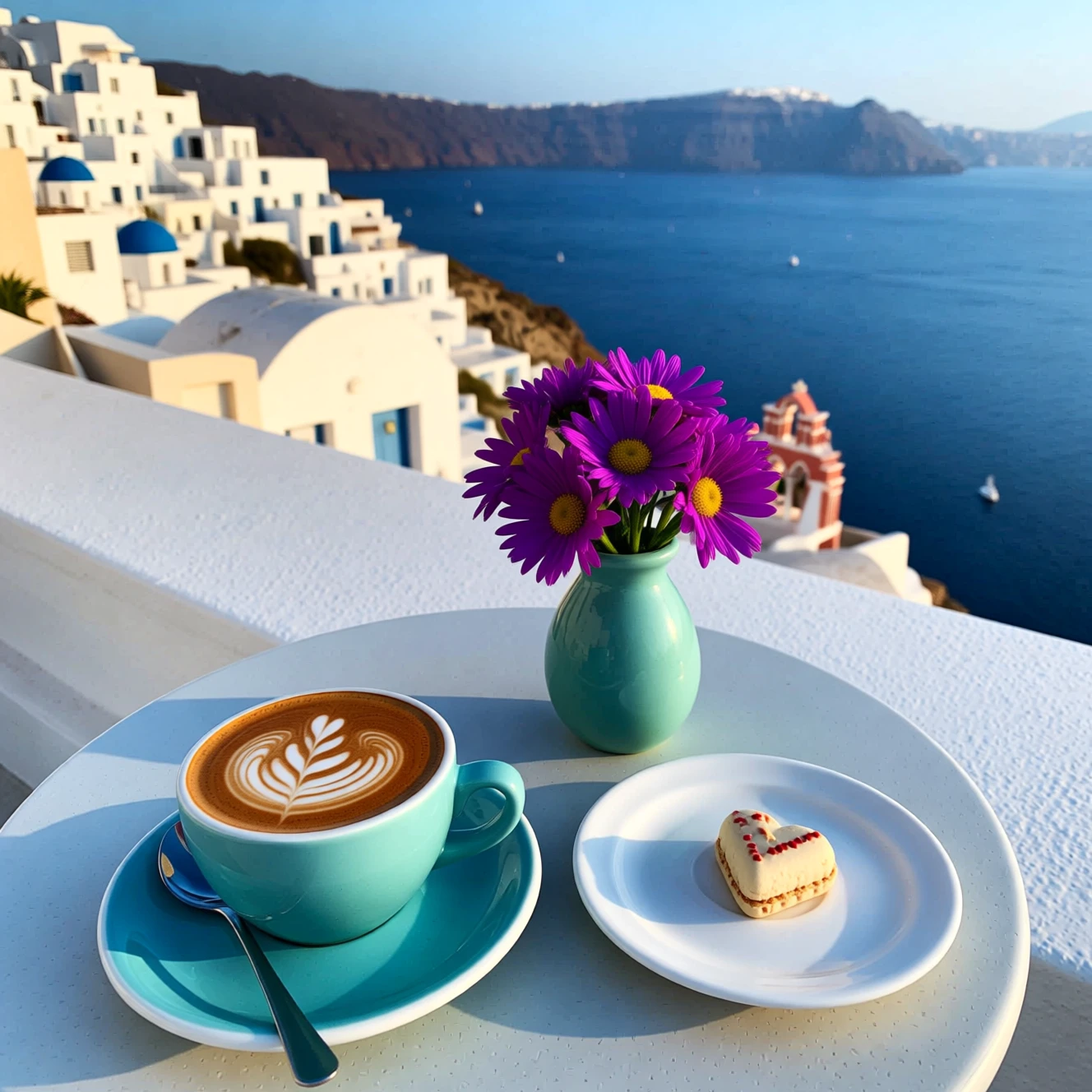 Morning coffee on a Greek island terrace by the sea
