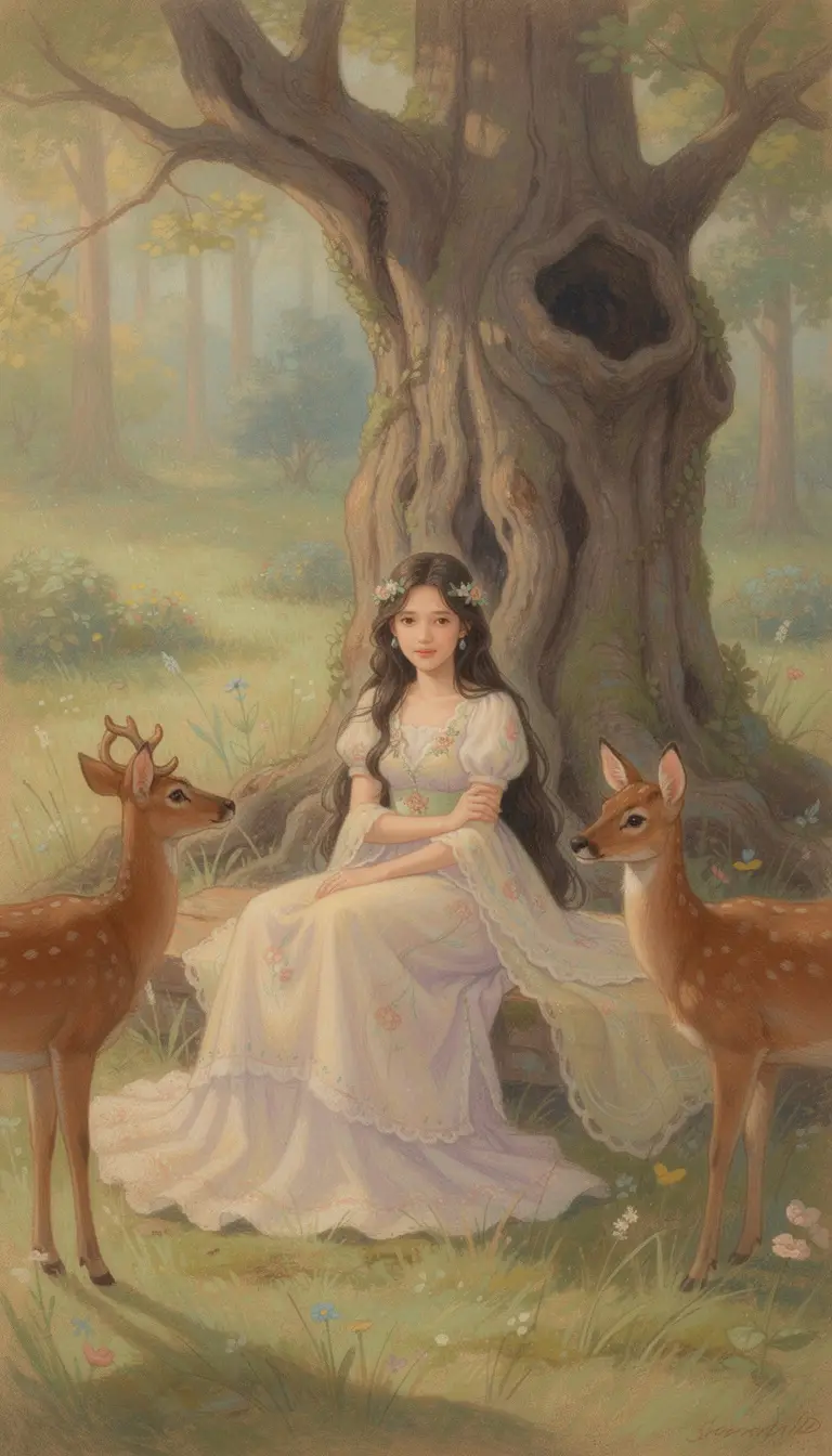 Young woman resting with deer in a forest glade