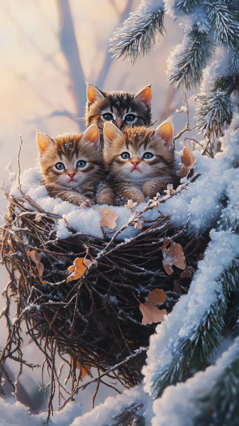 Three kittens in a twig nest guarded by an owl