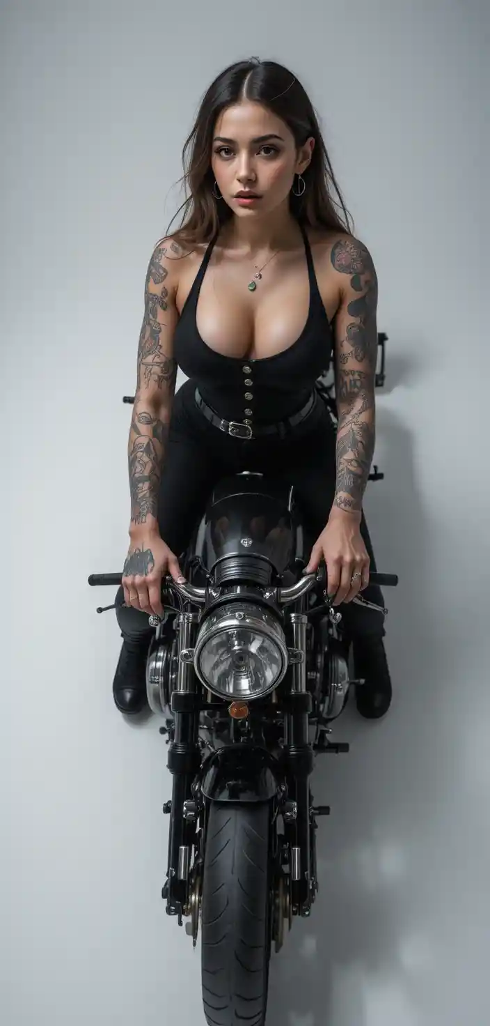Vista aérea de mulher tatuada pilotando uma Harley