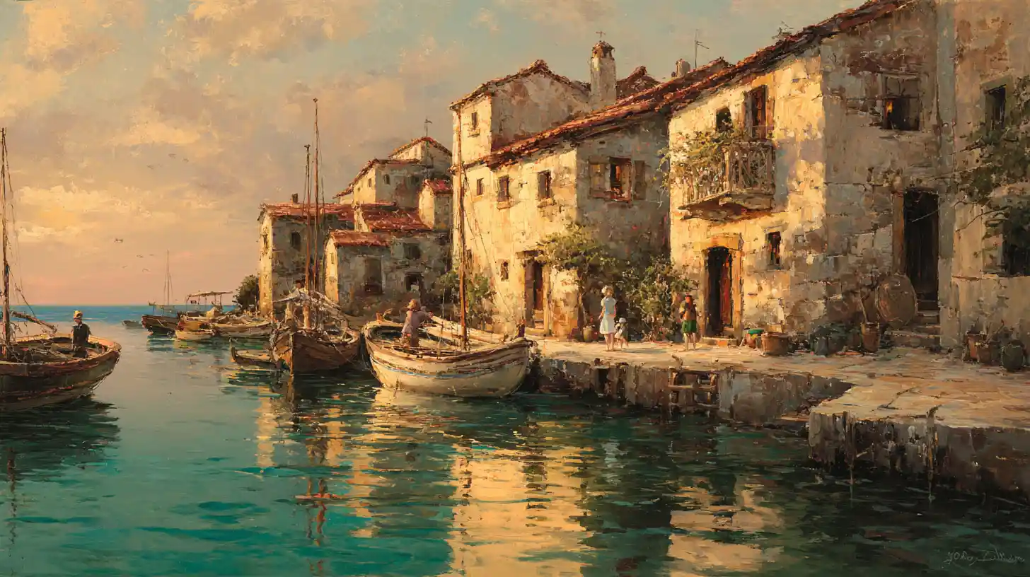 Golden fishing village along a tranquil Mediterranean coast