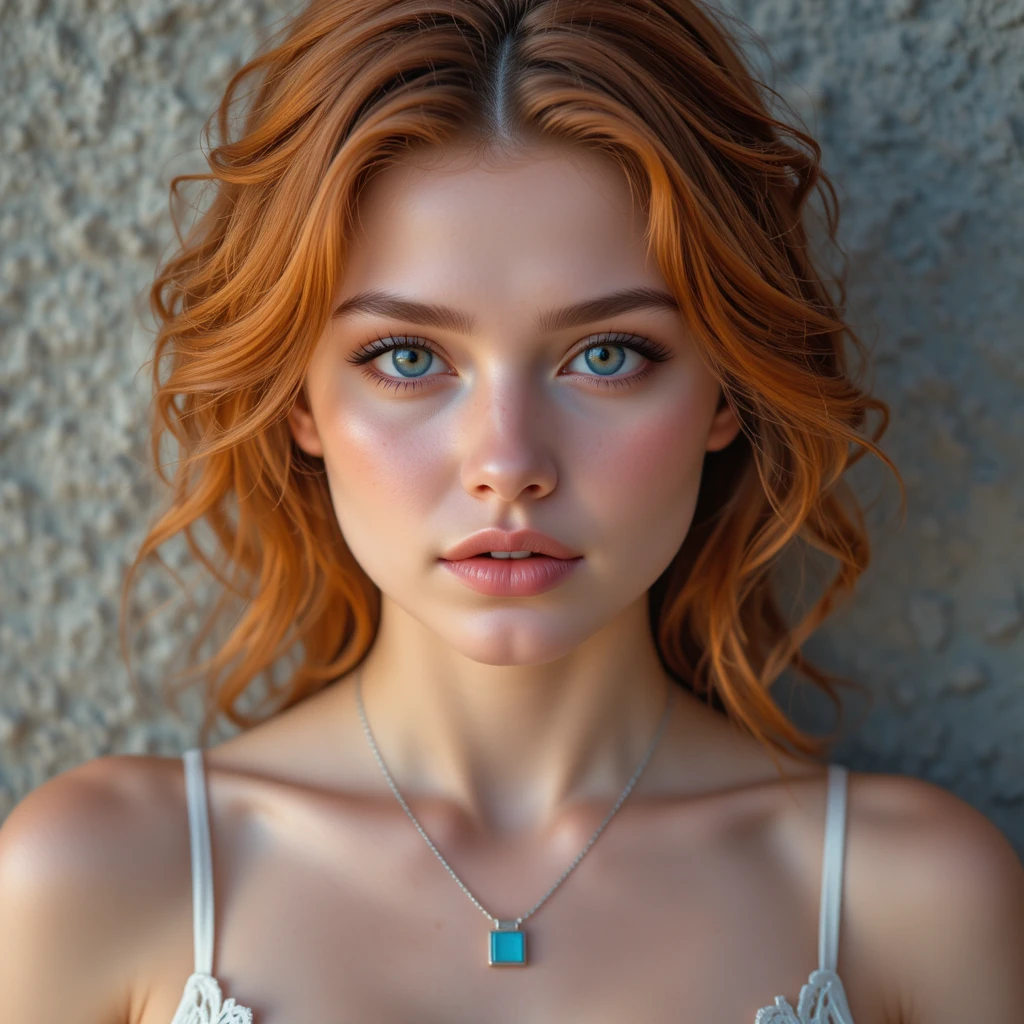 Close up portrait of red haired young woman against gray wall