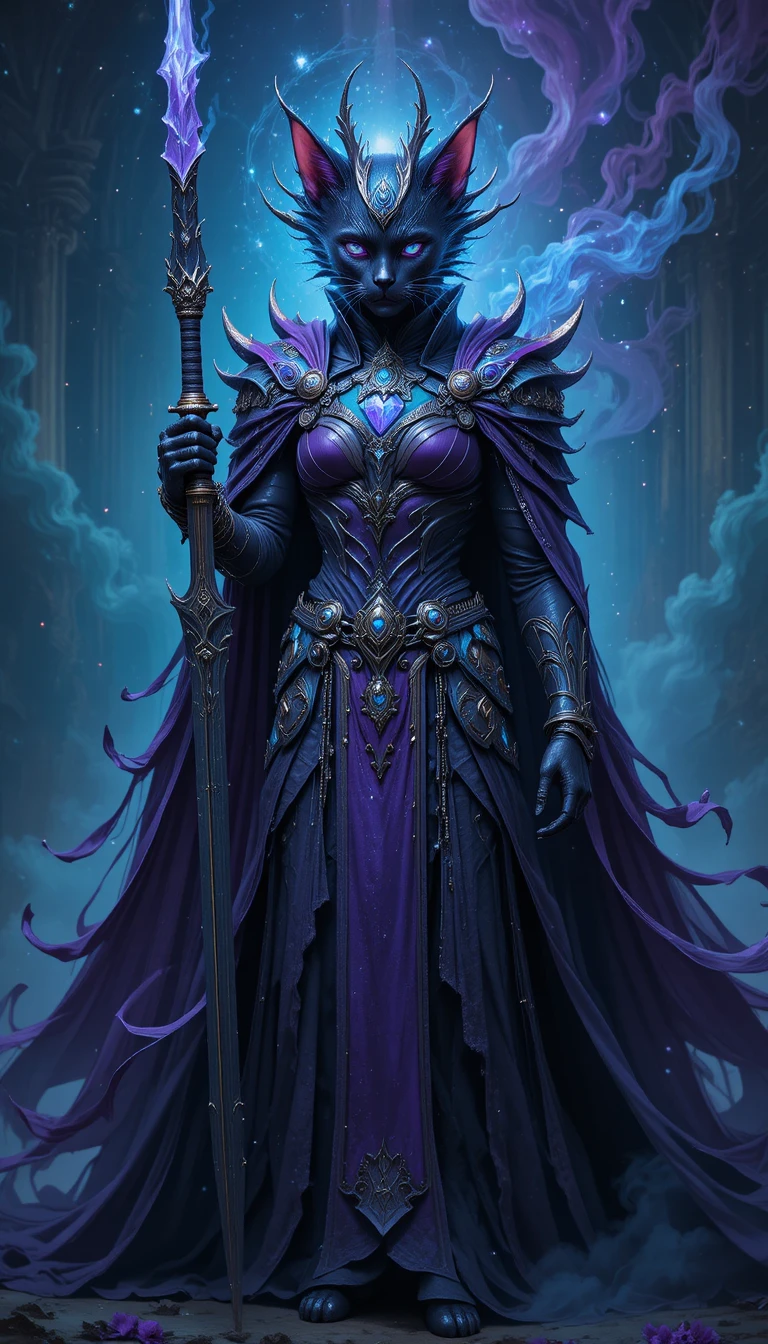 Medieval black cat warrior in turquoise and purple armor