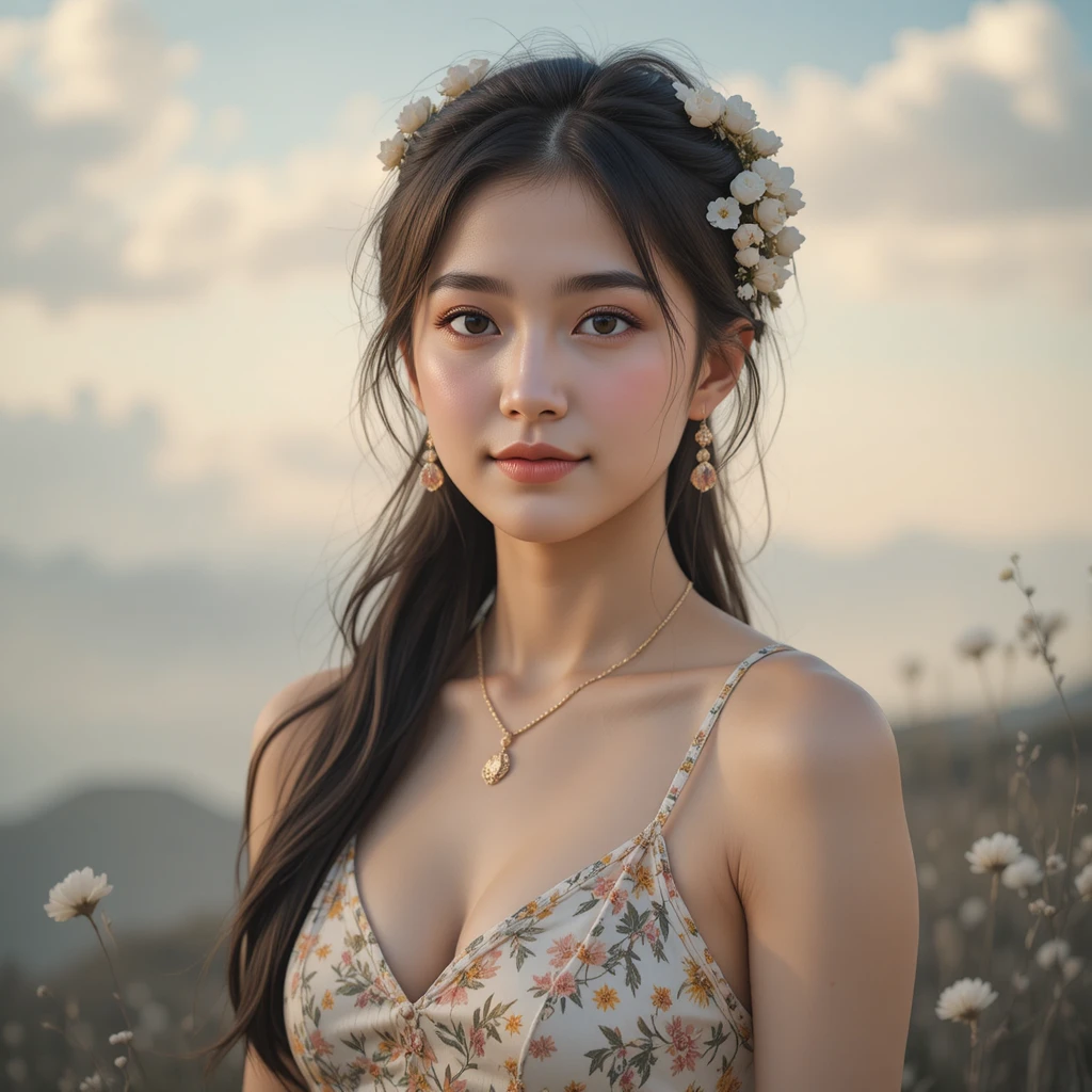Young Asian woman in floral dress under soft dreamy sky