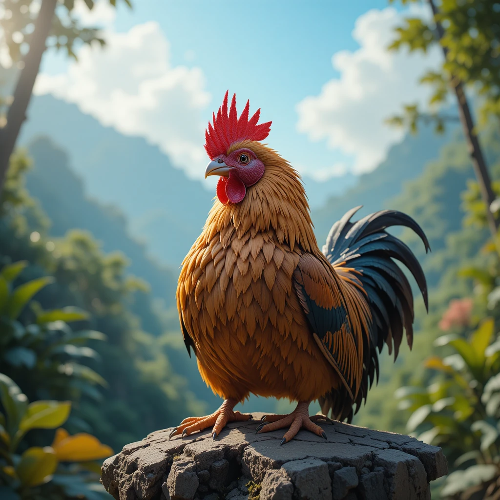 Gallo che Riposa su un Ramo d’Albero alla Luce del Mattino nella Foresta