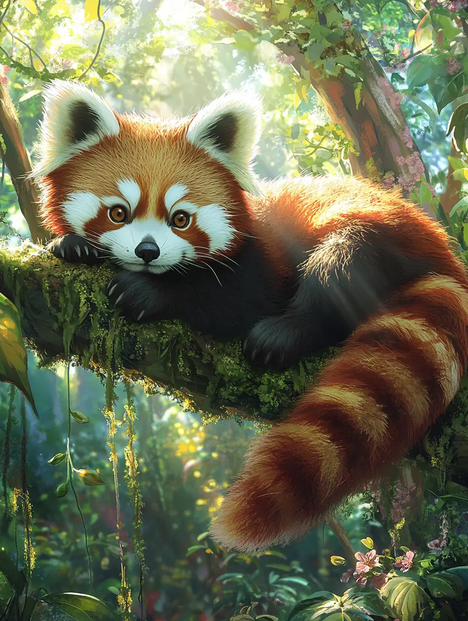 Cute red panda relaxing on a mossy forest tree