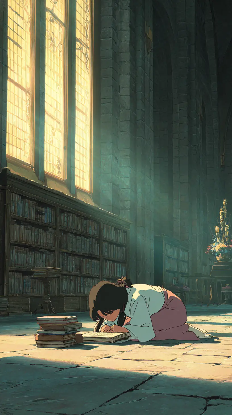 Young Woman Reading In Sunlit Ancient Library Interior
