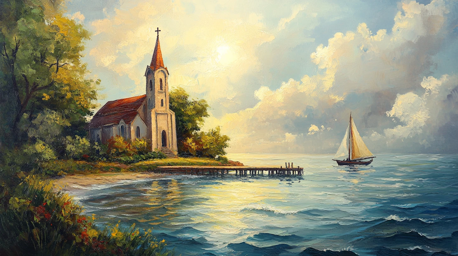 Ancient Coastal Church Beside Calm Ocean Waters