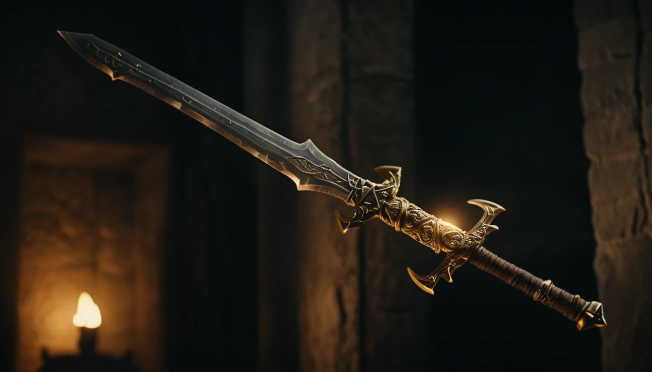 Ancient two handed sword glowing in warm torchlight