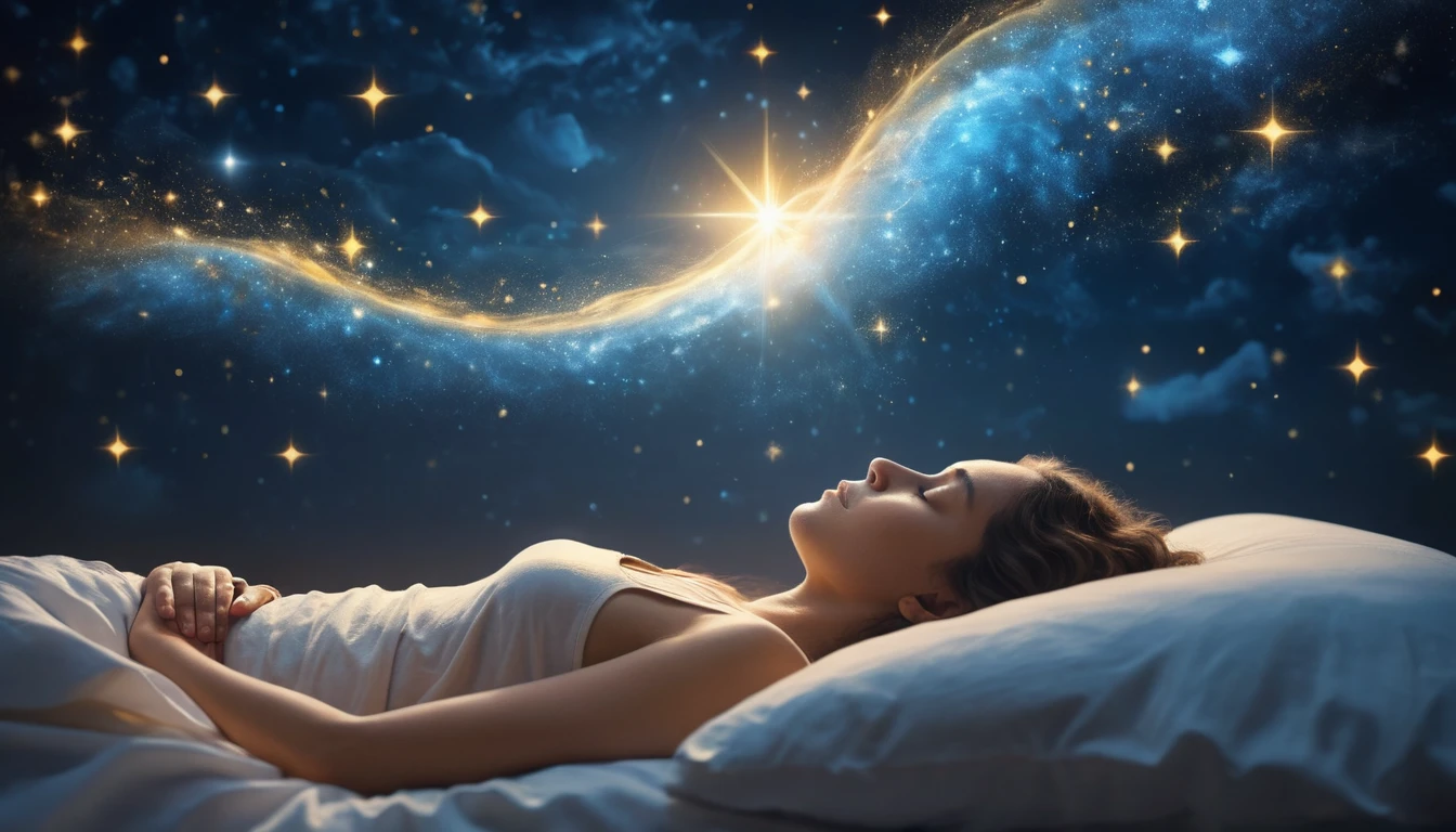 Sleeping figure in glowing dreamlike night sky scene