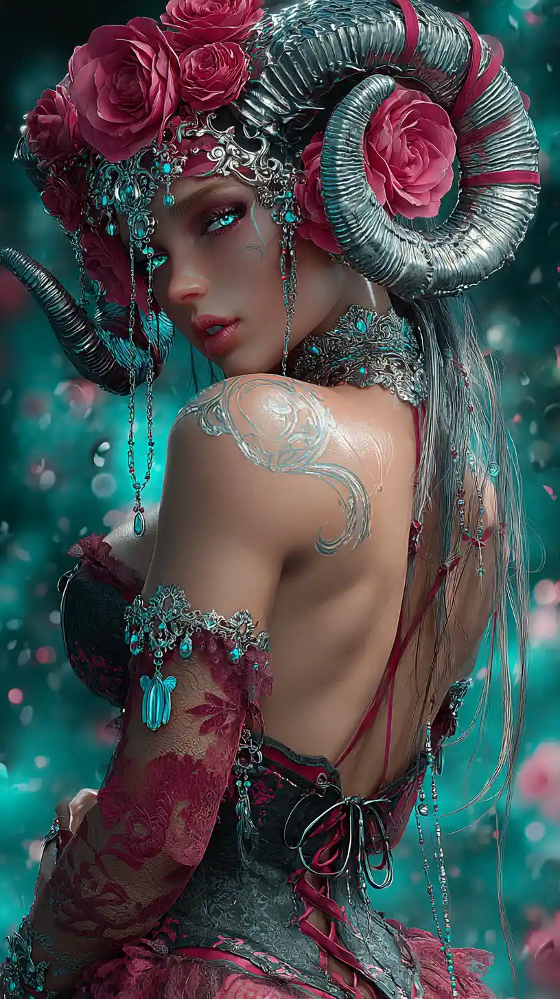 Horned demon woman with roses and turquoise jewelry