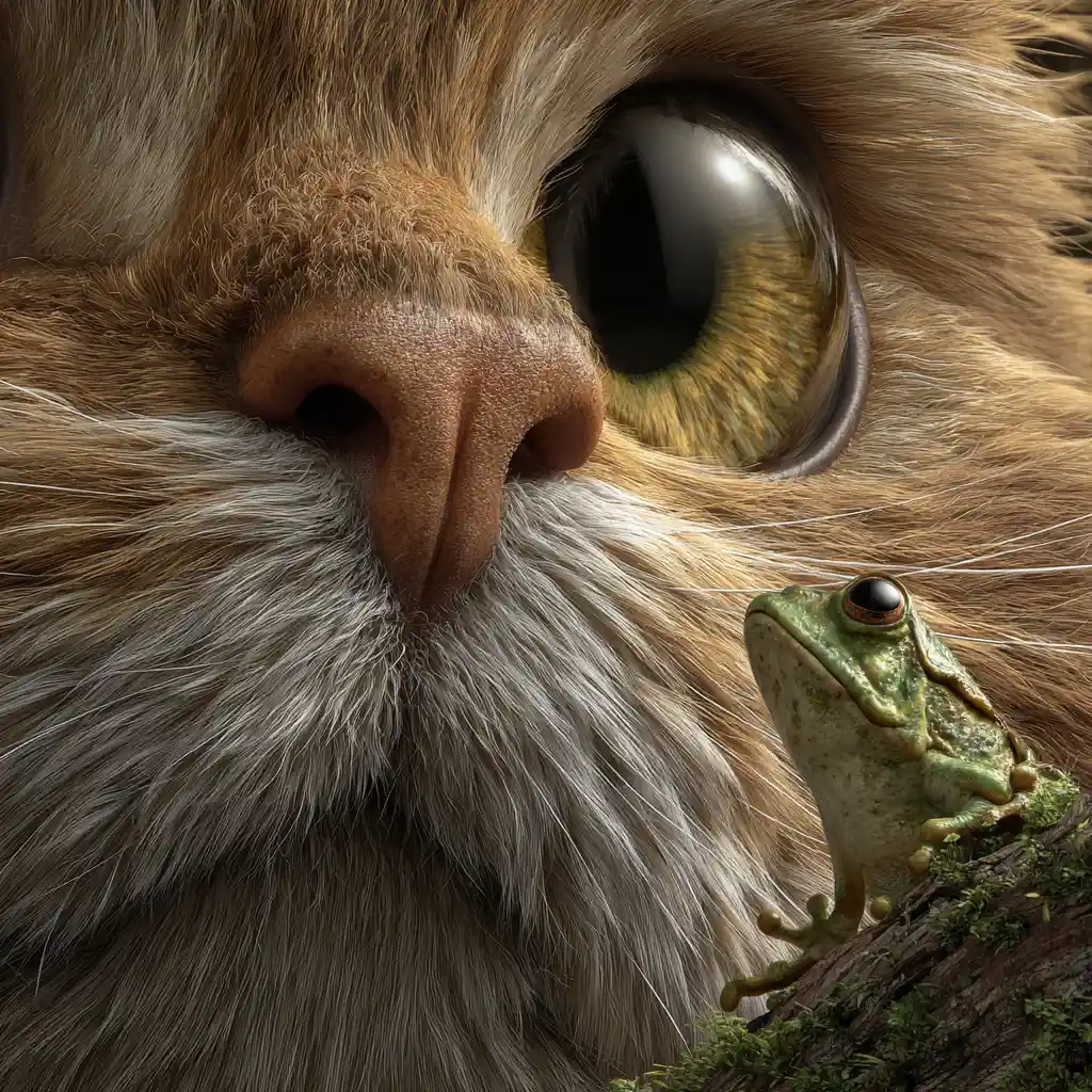 Majestic close up cat towering over tiny tree frog