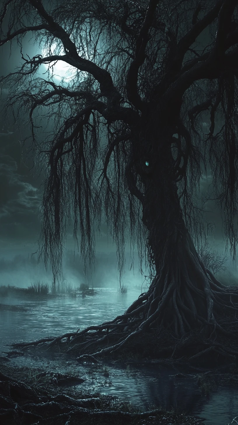 Ancient Willow Tree Beside A Dark Foggy Swamp At Night