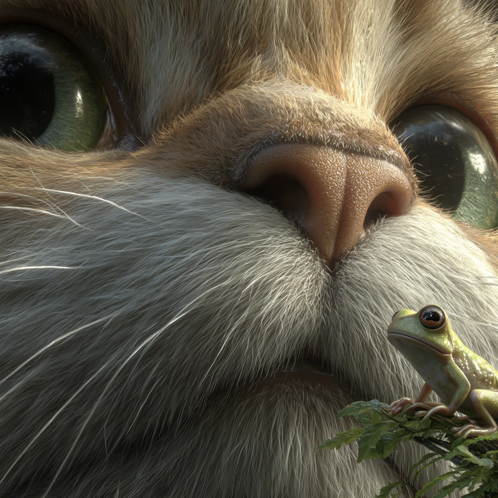 Majestic cat towering over tiny frog in close up