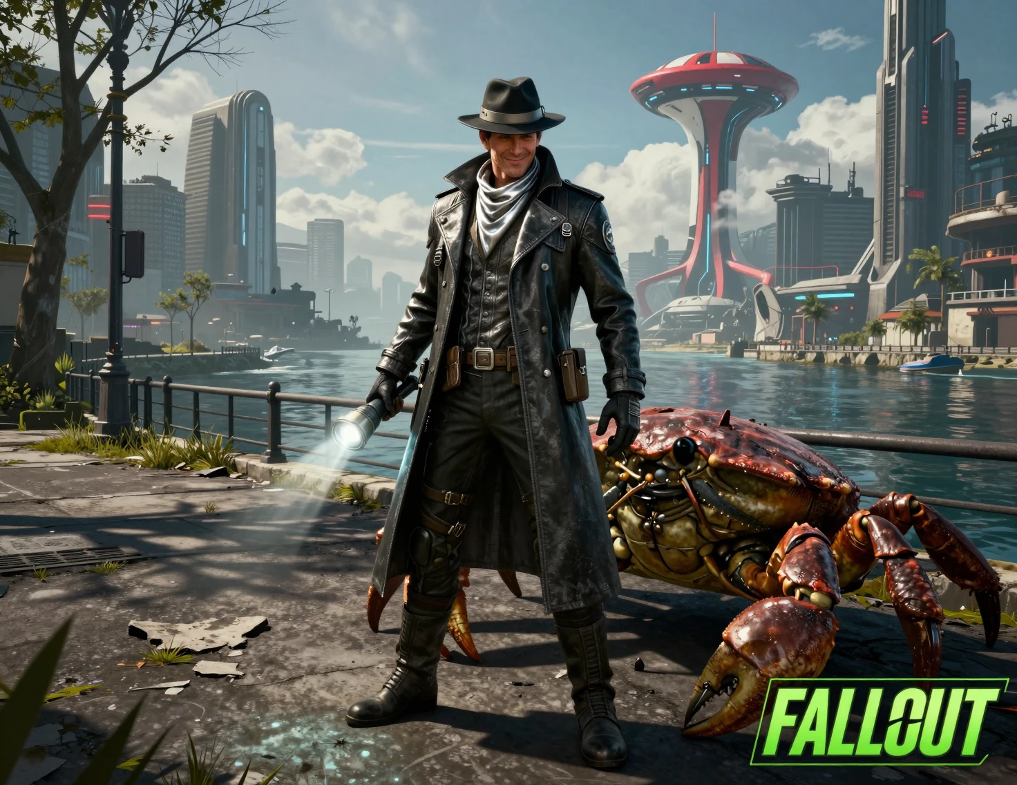 Sci fi detective and mutant creature in ruined waterfront city