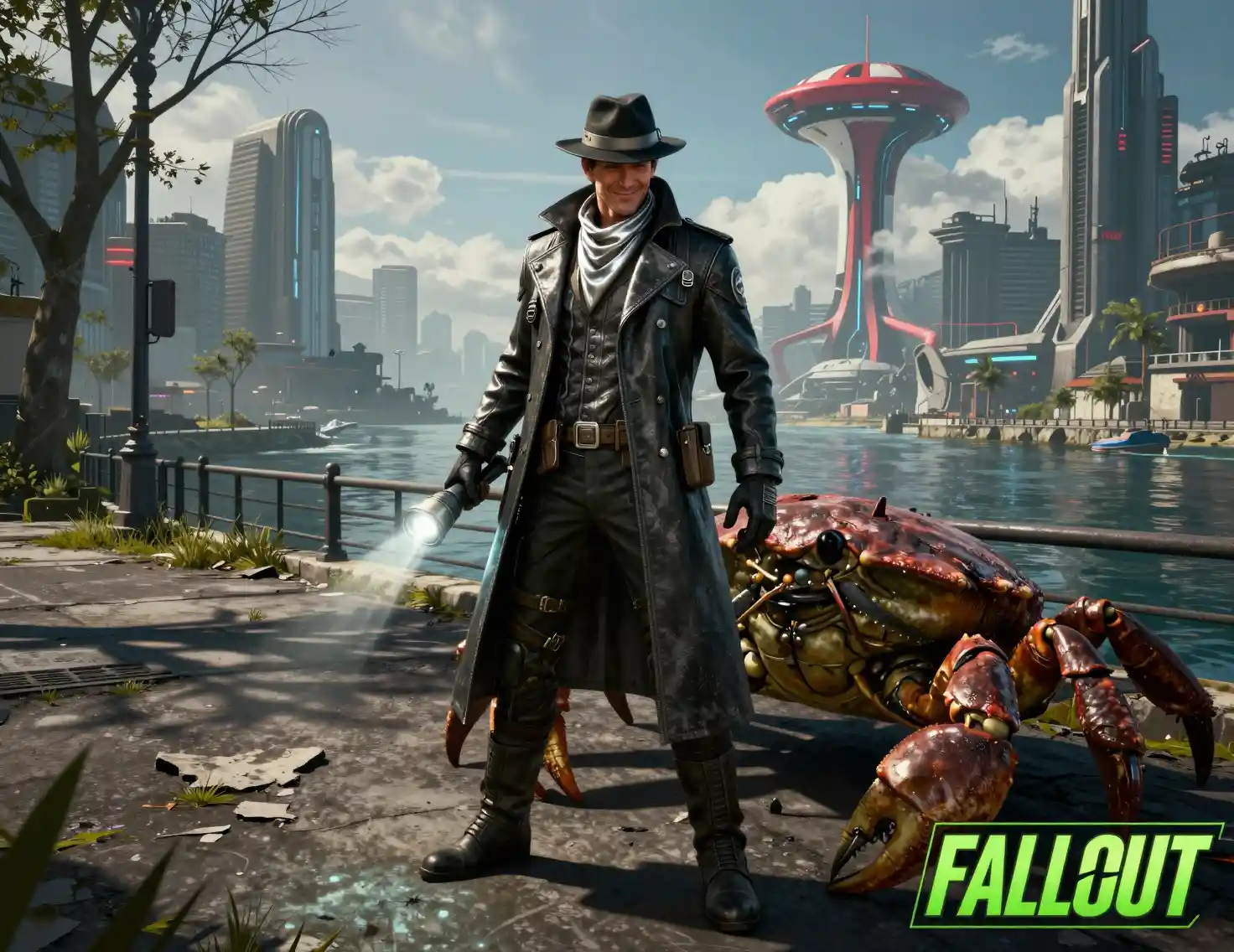 Sci fi detective and mutant creature in ruined waterfront city