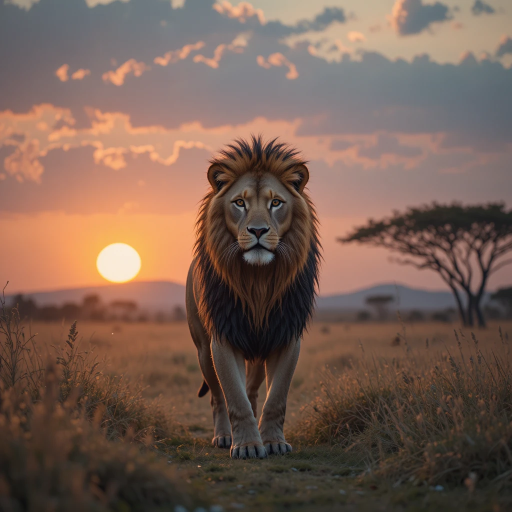 Majestätischer Löwe, der bei leuchtendem Sonnenuntergang durch die Savanne streift