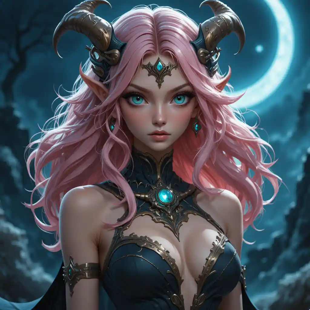 Young turquoise eyed night goddess with dark pink hair