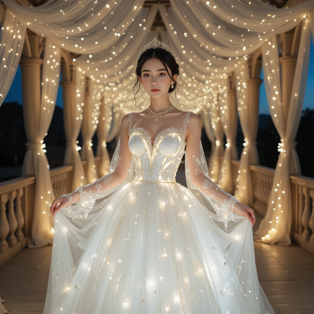 Korean bride in glowing white gown on candlelit veranda