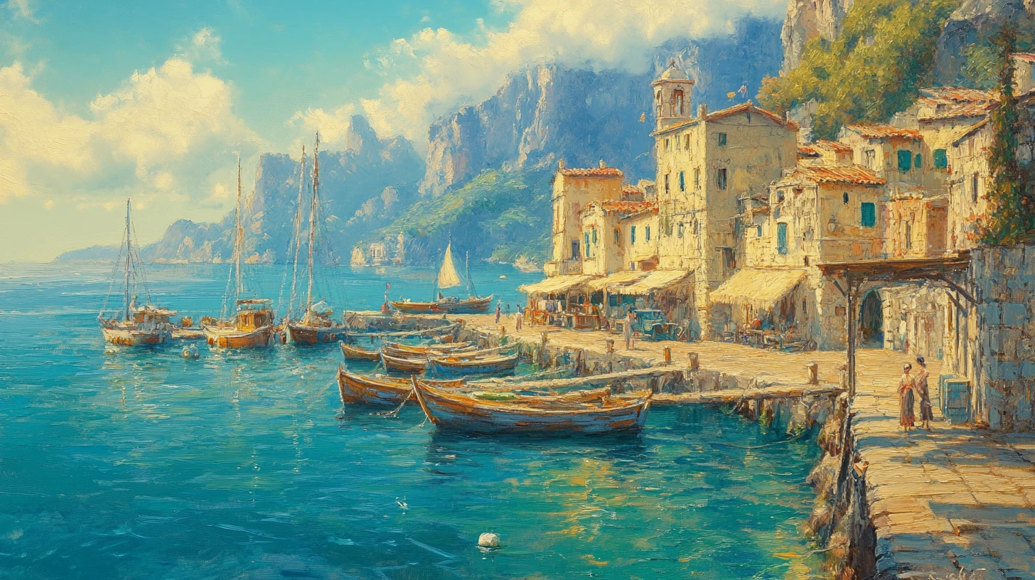 Golden sunset over a rustic mediterranean fishing village