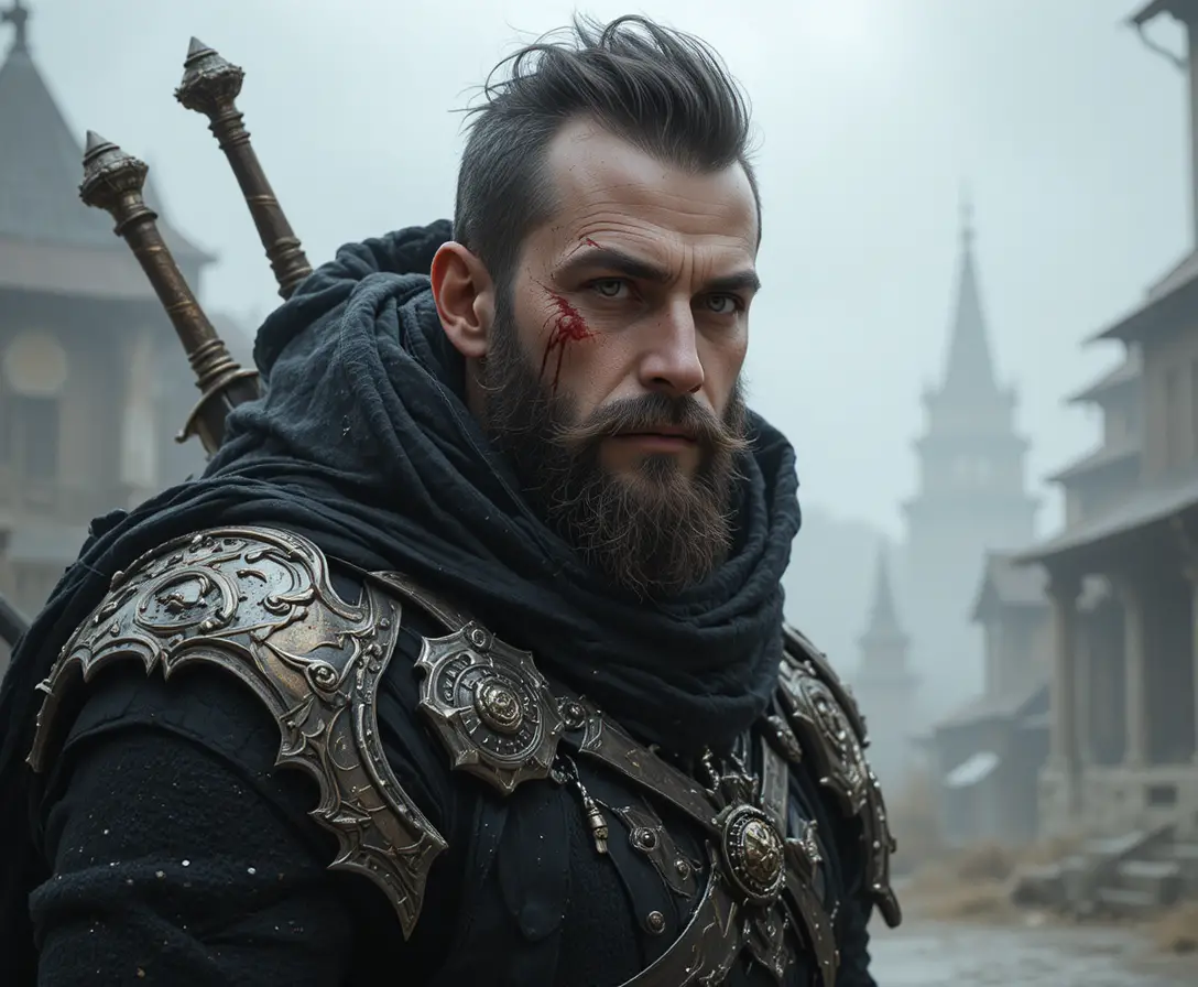 Muscular Medieval Assassin With Black Armor And Daggers