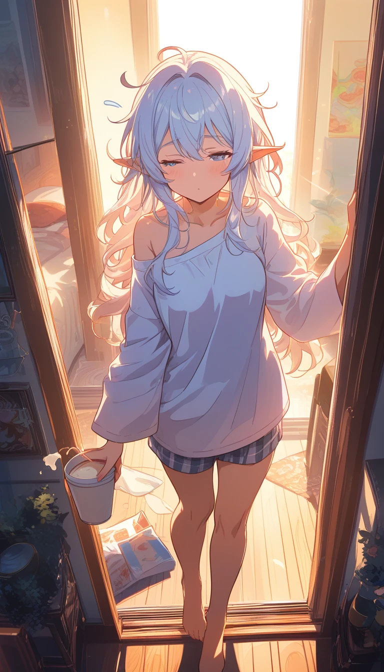 睏倦的動漫少女在溫馨走廊倒牛奶