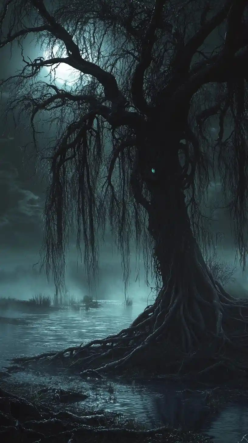 Ancient Willow Tree Beside A Dark Foggy Swamp At Night