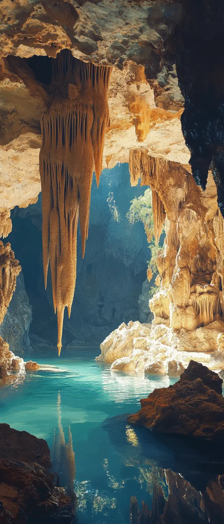 Ancient Stalactites In A Mysterious Underground Cave Scene