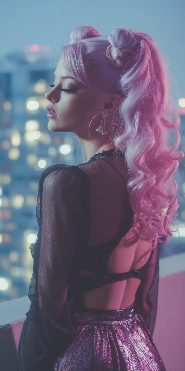 Mulher elegante com cabelo longo e ondulado e moda urbana moderna
