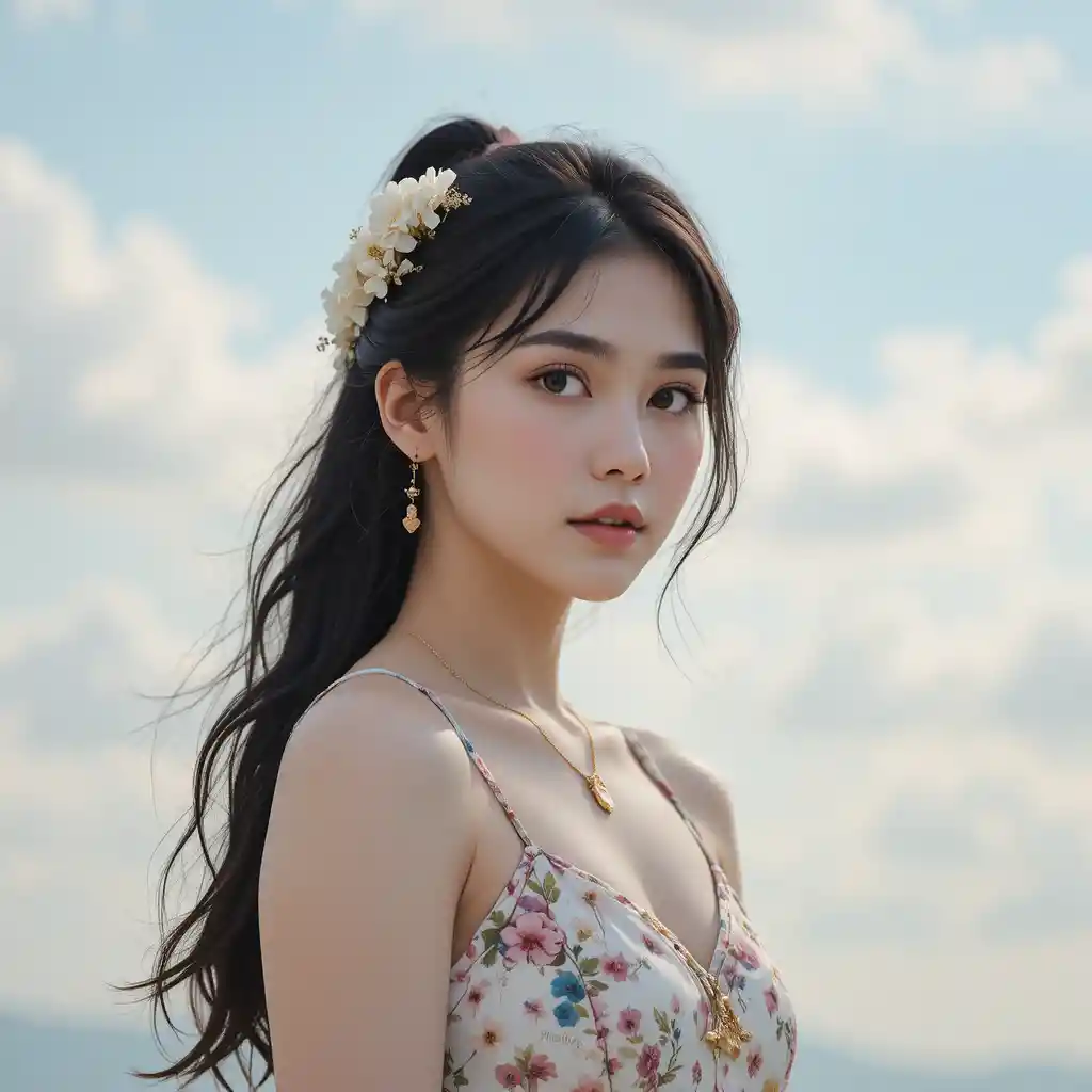 柔和天空下的花卉洋裝年輕亞洲女子