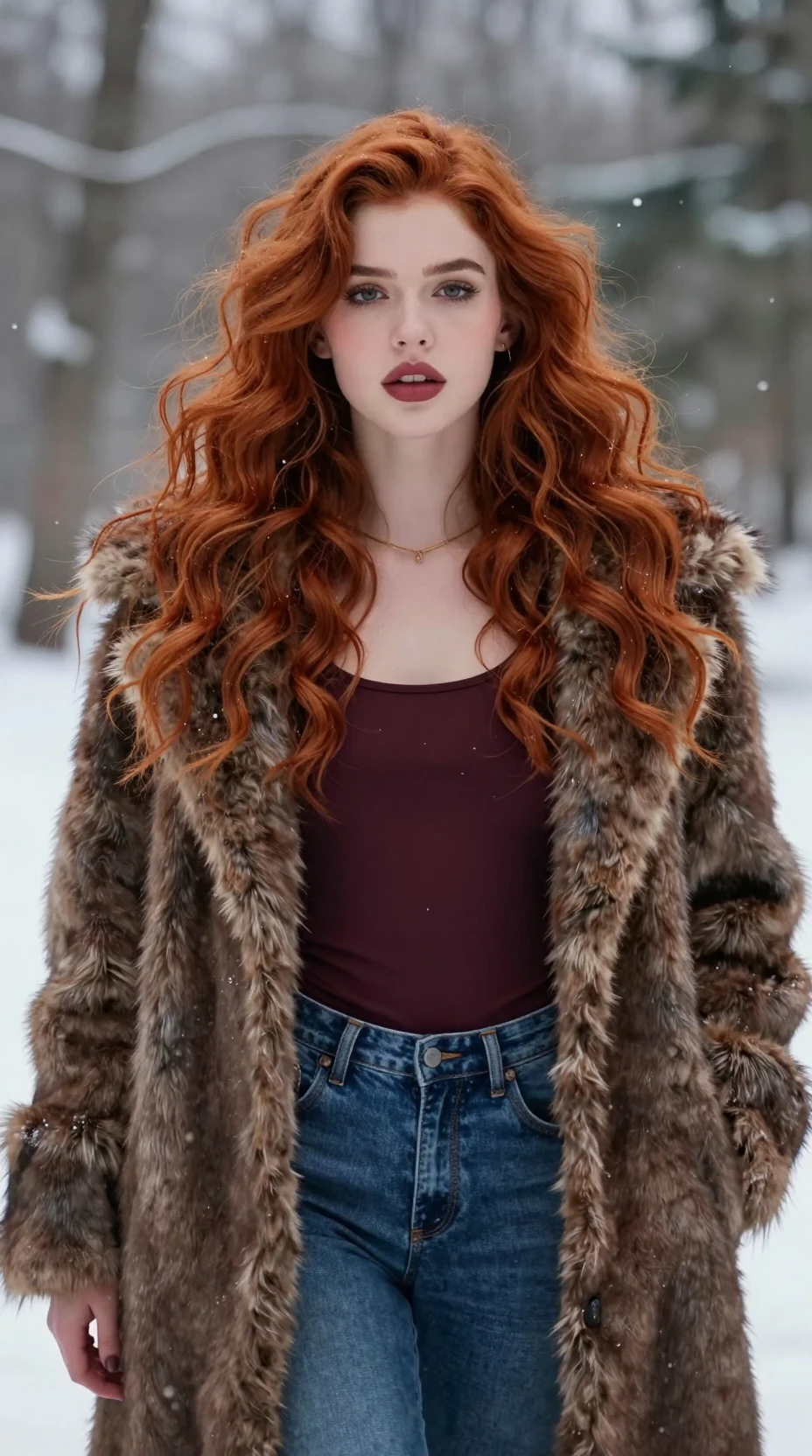 Young sorceress in winter landscape with faux fur coat